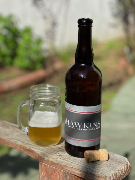 Hawkins Farmhouse Ales Relevance ale in glass next to bottle